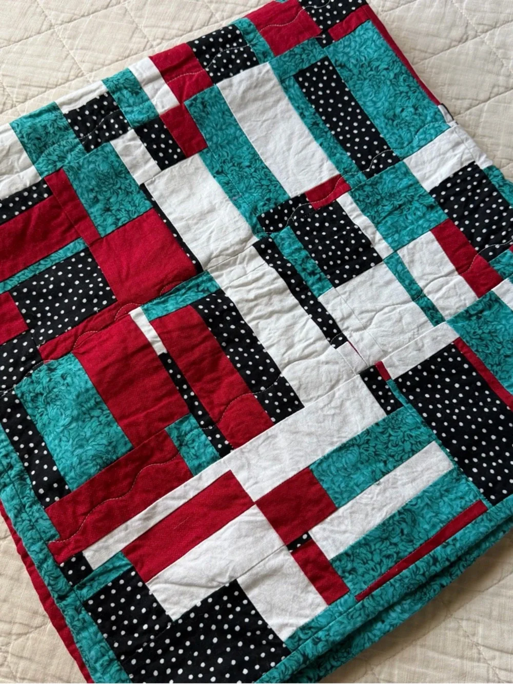 Handmade Geometric Patchwork Quilt - Red, Teal, White, Black Polka Dot 38”x38”
